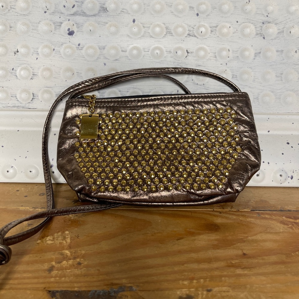 Vintage 80s Dawli Metallic Gold Studded Leather Crossbody Bag